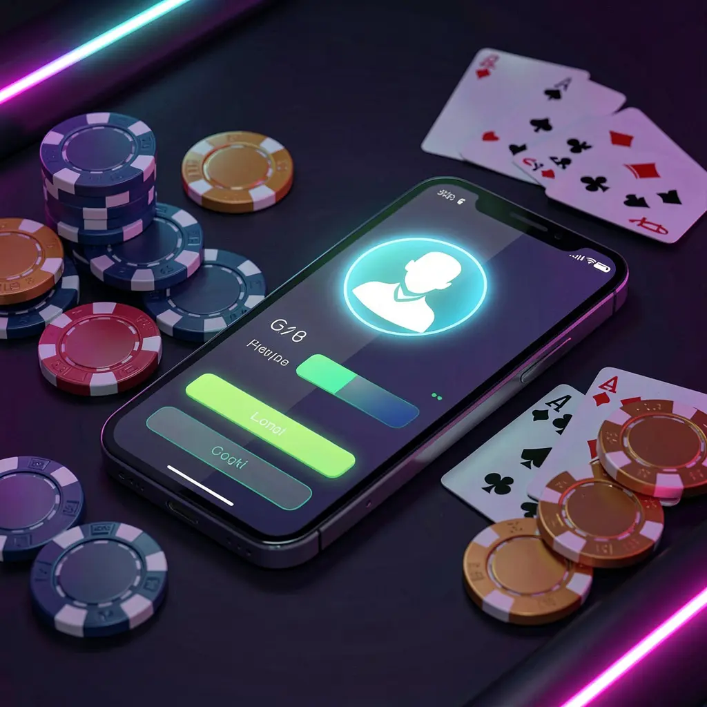 LDN11 layar masuk aplikasi kasino di ponsel pintar dengan ikon profil pengguna bercahaya, dikelilingi oleh chip poker, kartu remi, dan koin di latar belakang gelap yang elegan dengan sorotan neon