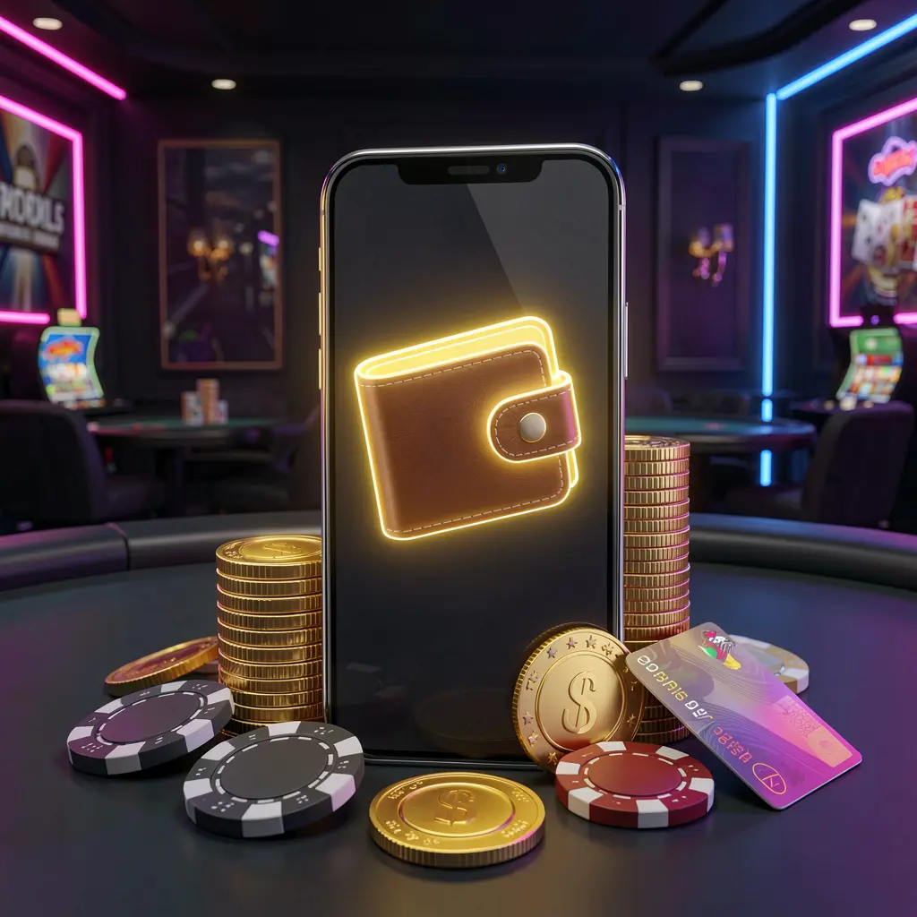 LDN11 konsep bonus deposit kasino daring dengan layar ponsel pintar menampilkan ikon dompet bercahaya dikelilingi oleh tumpukan koin emas, chip poker, dan kartu bank di latar belakang mewah gelap dengan sorotan neon dalam gaya 3D realistis