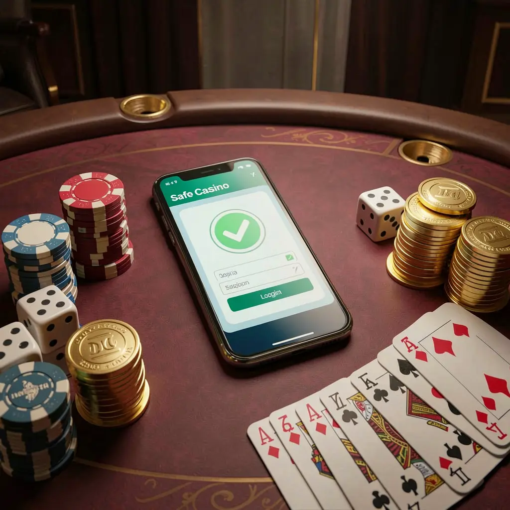 LDN11 konsep masuk kasino aman menampilkan ponsel pintar dengan ikon tanda centang verifikasi dikelilingi oleh chip, kartu, dadu, dan koin emas di atas meja kasino mewah yang elegan dalam render 3D realistis