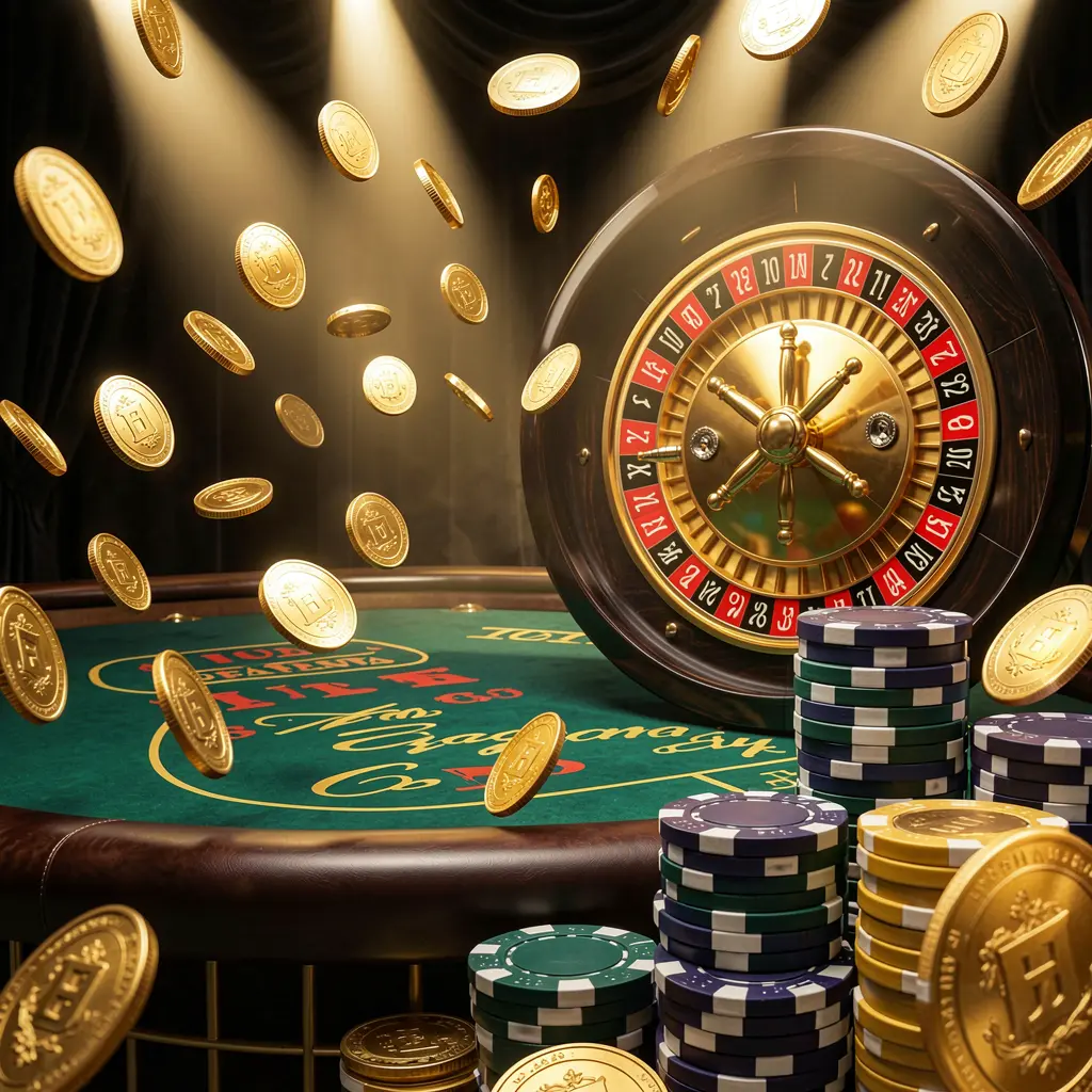 LDN11 latar belakang halaman utama kasino daring menampilkan cahaya kasino dramatis, koin emas beterbangan, tumpukan chip poker di latar depan, dan roda roulette di belakang dalam suasana mewah hitam dan emas