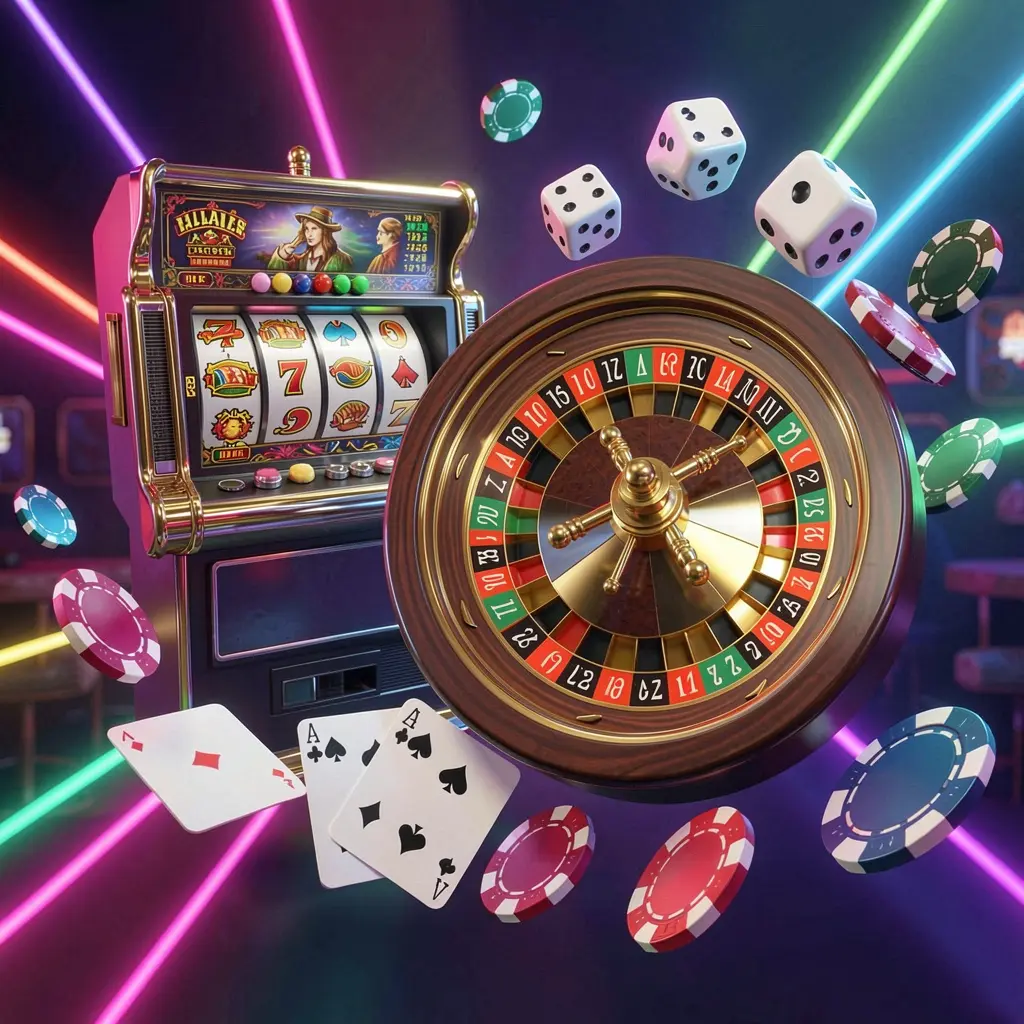 LDN11 visual halaman utama koleksi permainan kasino menampilkan mesin slot, roda roulette, dadu, kartu remi, dan chip poker melayang bersama dengan cahaya neon berwarna-warni dalam render 3D premium